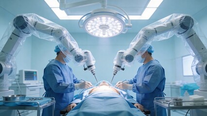 Surgeons using robotic arms in operating room
