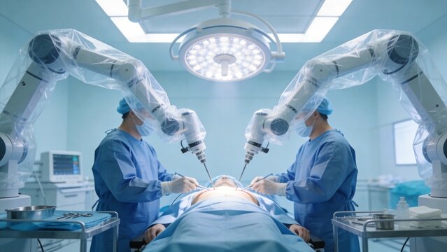 Surgeons using robotic arms in operating room - Powered by Adobe