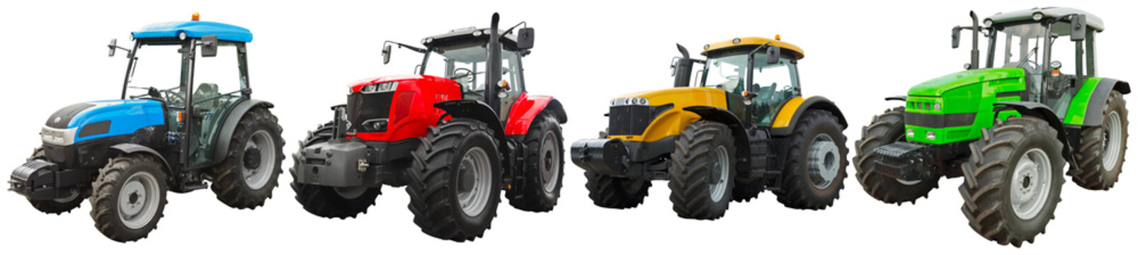 a collection of modern agricultural tractors in various colors, a detailed photograph for farming and machinery industries.