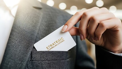 Professional woman carefully places a crisp white business card featuring elegant gold embossed text that reads strategic communications into the breast pocket of a textured dark gray tailored suit ja