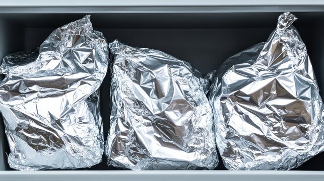 Several emergency food rations wrapped in shiny foil packages stacked neatly on a shelf for storage