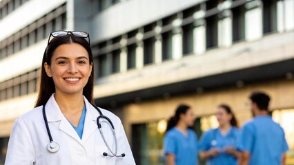 Smiling female doctor in front of hospital