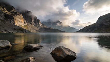 Mountain lake with rocky shore and clouds
