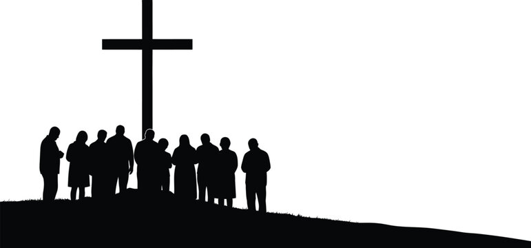 Easter sunday celebration with cross and devotees on hilltop