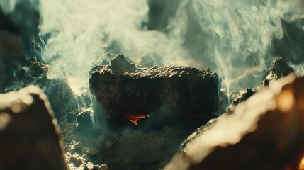 Smoking embers burning in a primitive outdoor fire