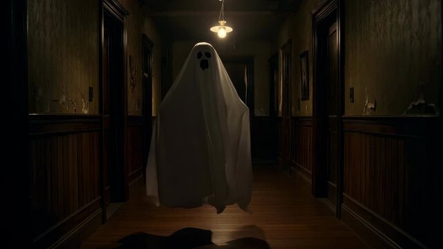 Creepy slow motion of a classic ghost floating in a haunted corridor. Vintage horror style.