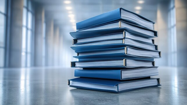 Stack of blue official credentials carefully arranged in office