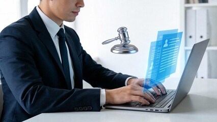 Man in suit working on laptop with digital gavel and document