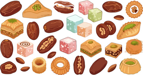 Assortment of traditional Middle Eastern sweets, dates, and baklava illustration.