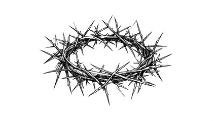 Fototapeta premium A stark, grayscale illustration featuring a stylized, circular crown composed entirely of thorns on a white background