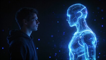Man facing a glowing humanoid robot