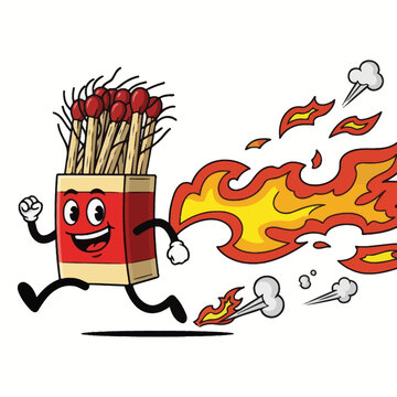 Cartoon matchbox running with fire trail, funny illustration