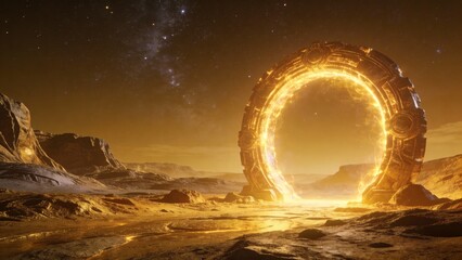 Futuristic portal in desert landscape
