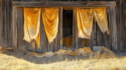 Tattered strips of faded fabric hang from the weathered wooden wall of an abandoned building with dry grass in the foreground
