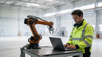 Man working with robotic arm in factory