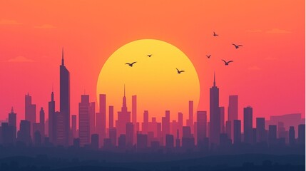 Sunset Over City Skyline With Large Sun, Birds In Flight, Silhouetted Urban Horizon
