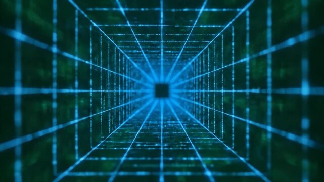 A glowing blue grid extends into a dark square vanishing point