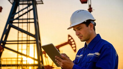Oil worker with tablet at sunset
