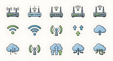 A set of flat design icons representing Wi-Fi routers, network connections, cloud computing, and data transfer. The icons use blue and green color accents.
