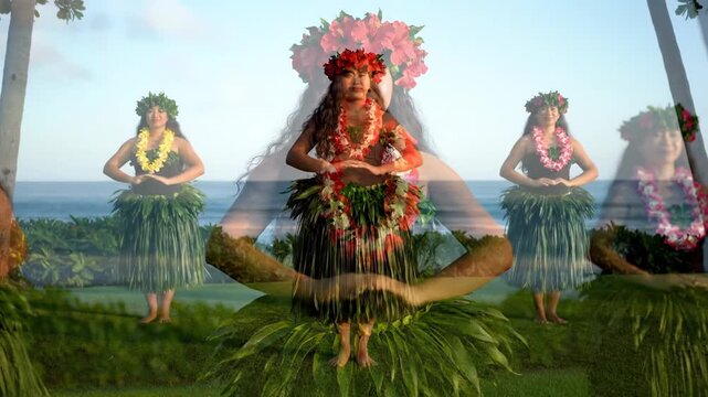 Double Exposure of Traditional Hula Dance in Tropical Hawaiian Paradise Setting.