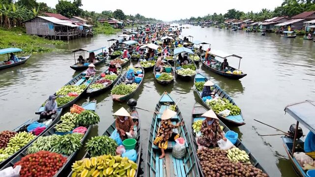 Vibrant traditional Asian floating market, bustling river commerce of fresh produce.

