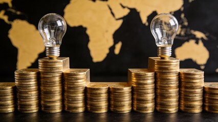 Light bulbs on stacks of coins with world map