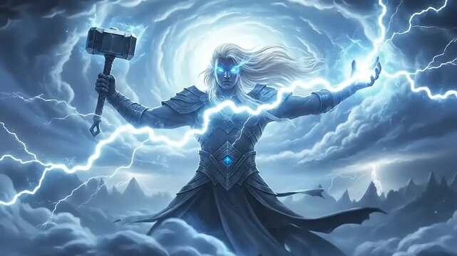 Powerful Norse God Thor Wielding Mjolnir Amidst Lightning Storm.