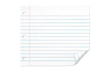 White lined notebook paper with ragged top edge, three punched holes, and curled corner, transparent background