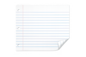 White lined notebook paper with ragged top edge, three punched holes, and curled corner, transparent background