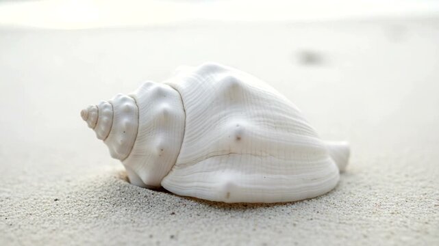 Close-up of a white seashell resting on a sandy beach.