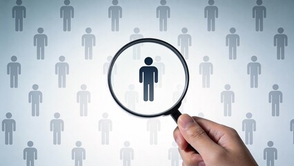 Hand holding magnifying glass over human icons