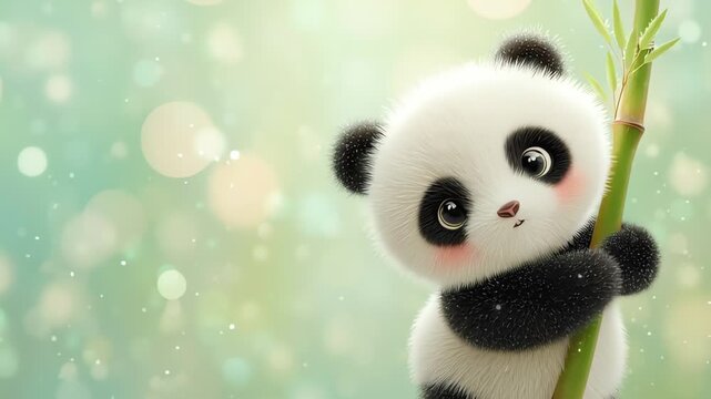 Cute Fluffy Baby Panda Cartoon Holding Bamboo Bokeh Background
