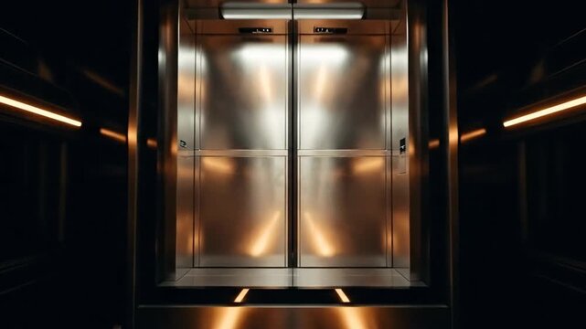 Abstract view of a modern elevator with illuminated lines creating a sense of depth.