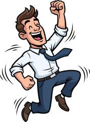 Obraz premium Joyful cartoon businessman in a white shirt and blue tie jumping with a triumphant fist pump.
