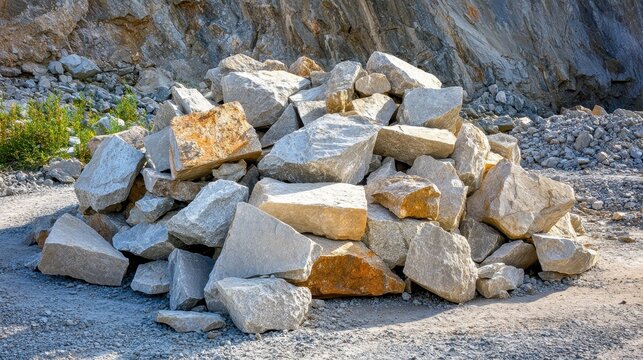 A large pile of rough unshaped stone fragments chipped and broken sits on the ground in a rocky outdoor environment