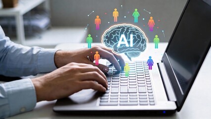 AI brain graphic on laptop with hands typing
