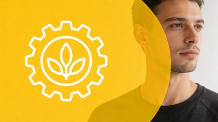 Man with gear and leaf symbol on yellow background