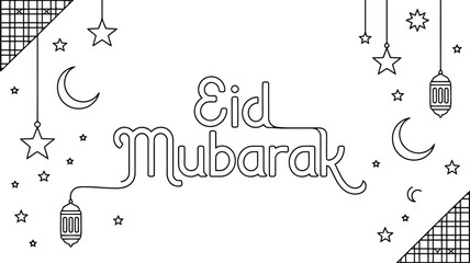Obraz premium Eid Mubarak Vector Illustration with Crescent, Stars, and Lanterns