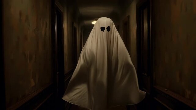 Creepy slow motion of a classic ghost floating in a haunted corridor. Vintage horror style.