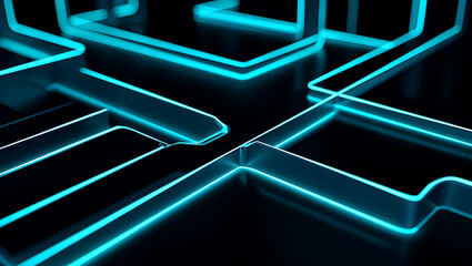 Futuristic neon blue glowing lines and shapes on a dark background creating a modern abstract design