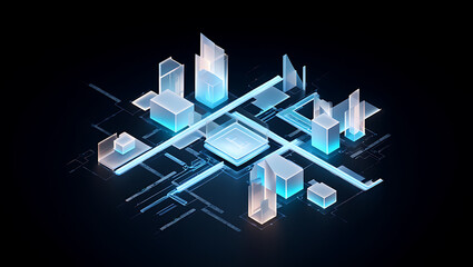 Futuristic 3d rendering of glowing blue geometric shapes on a dark background with neon light effects