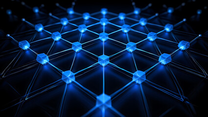 A complex network of interconnected blue nodes and lines on a dark background with a futuristic feel