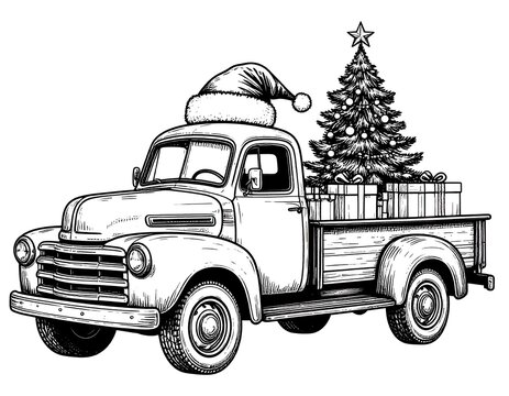 A vintage truck carrying a Christmas tree and gifts with a Santa hat - Powered by Adobe