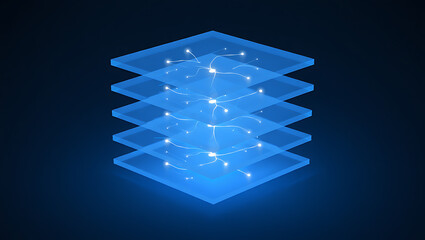 Blue glowing 3d cube with layers and particles on dark blue background