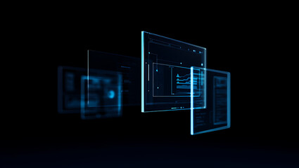 Futuristic digital interface with glowing blue screens and data visualizations on dark background
