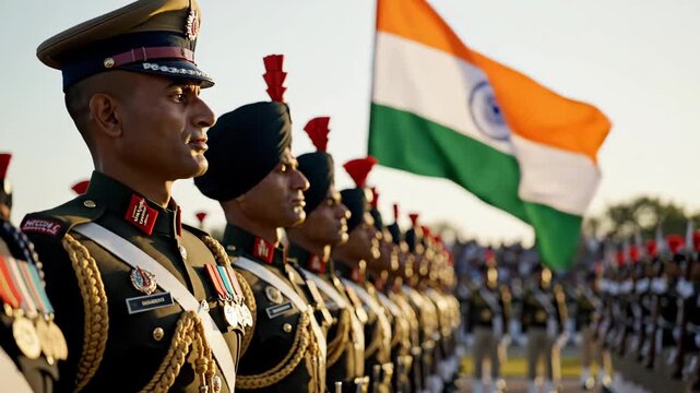 Indian army soldiers standing in formation with the national flag waving in the background during a ceremonial video event india republic day