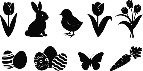 Easter spring solid icons set, bunny chick tulip eggs butterfly carrot symbols, seasonal holiday nature black vector © Hello World
