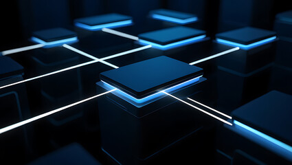 Blue microchip processor on dark background with glowing neon lines and futuristic technology elements