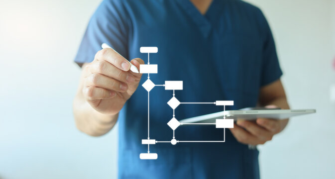 close up expert doctor man hand use stylus pencil to write workflow of medical therapy process and surgery or planning about healing treatment system in hospital for healthcare lifestyle concept