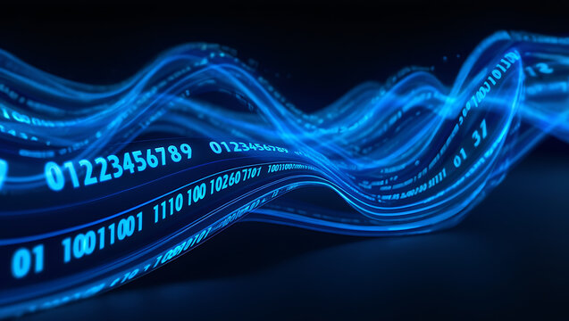 Blue binary code flowing in wavy lines on dark background with digital numbers and data stream